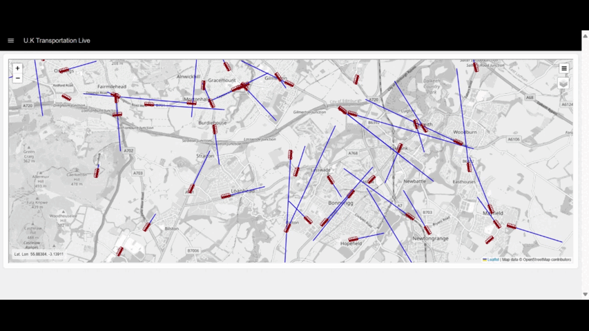 "Image displaying live locations of UK public transport on the dashboard"