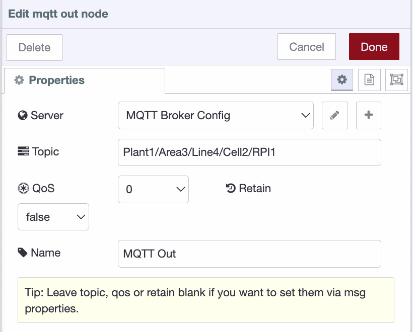 Configuring mqtt-out node